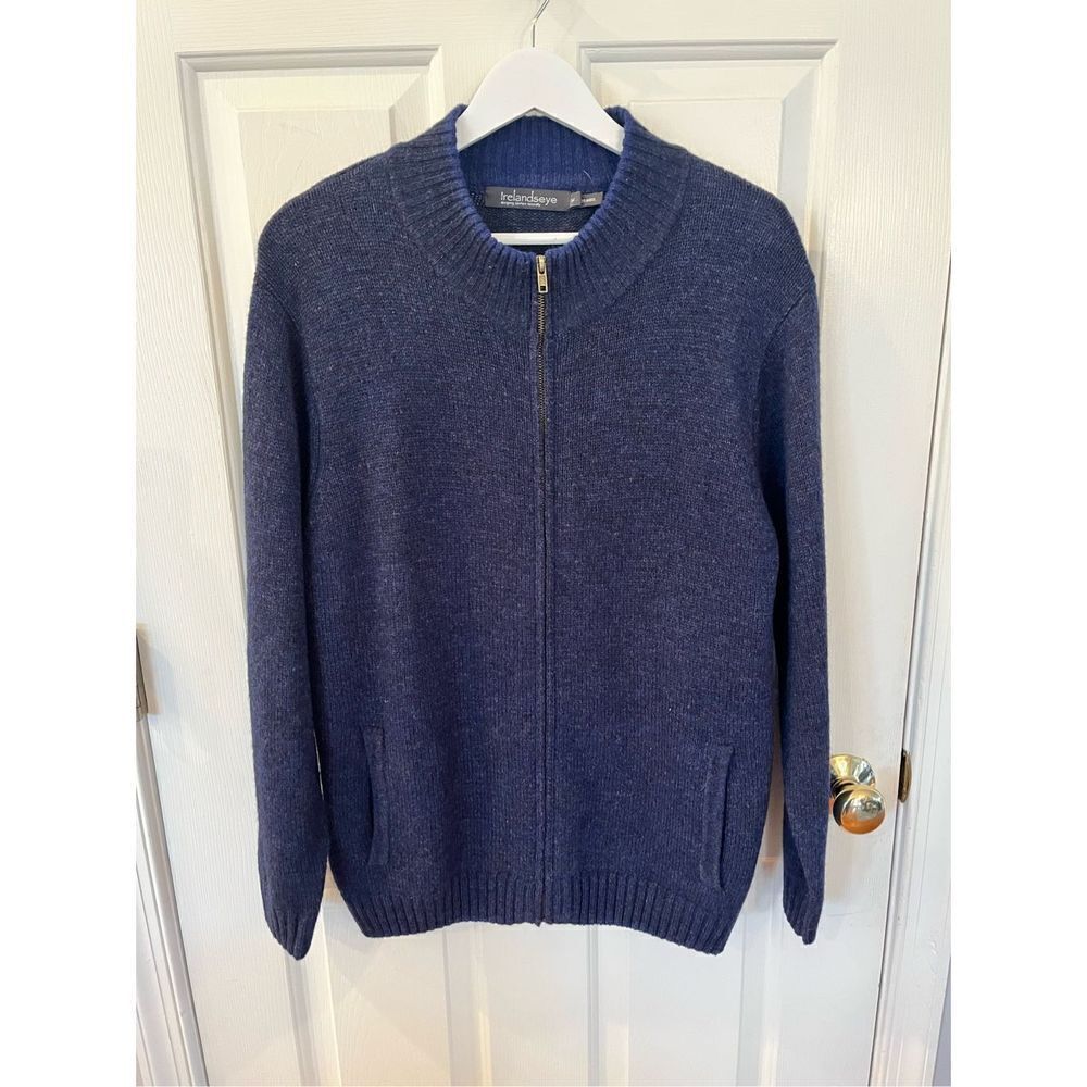 Ireland’s Eye Mens Navy 100% Wool Zip Up Cardigan Sweater sz M EUC